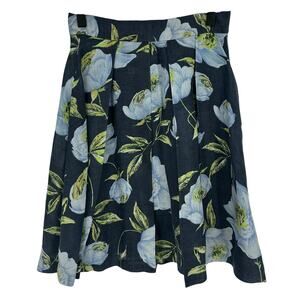 French Connection Blue and Green Linen Blend Mini Skater Skirt Pleated Summer 2